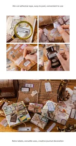 Dettaglio del nastro washi vintage con adesivi fustellati e scene di scrittura creativa