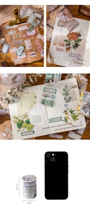 Close-up of vintage DIY scrapbooking tape with botanical prints and retro label designs
