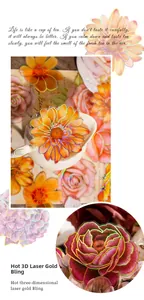 Detail of 3D hot laser gold floral stickers with PET material and rose petal textures