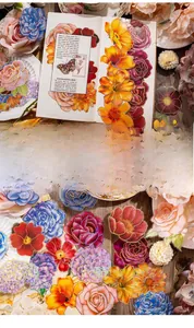 Detail of floral PET stickers with gold foil edges for scrapbooking and journal decoration