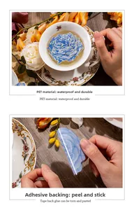 Close-up of waterproof PET floral stickers with translucent blue petals and adhesive backing