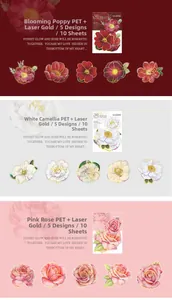 Detail of floral 3D PET stickers with gold foil accents featuring roses and camellias