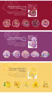 Detail of PET floral stickers with gold laser foil of peonies, hydrangeas and roses