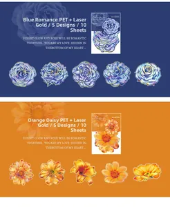 Detailed PET flower stickers with laser gold finish for scrapbooking and decoration