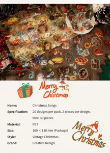 Details der vintage Christmas Carol PET-Sticker mit Retro-Weihnachtsmann- und Elchmotiven