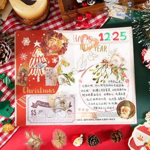 Vintage-Weihnachtsaufkleber Set mit Weihnachtsmann, Bäumen und Wintervögeln für Scrapbooking