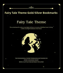 Detail of fairy tale bookmark featuring gold foil Alice and White Rabbit silhouette