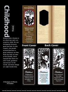 Macro view of holographic silver bookmarks with fairy tale silhouettes and quotes