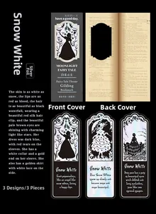 Detail of Snow White themed bookmarks with silver foil stamping on black background