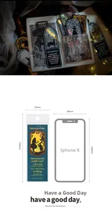 Detailed view of fairytale bookmarks with gold foil accents next to an iPhone for scale