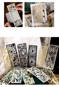 Macro shot of laser-cut hollow bookmarks featuring intricate butterfly and lace silhouette