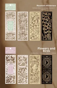 Dettaglio di segnalibri vintage traforati con silhouette floreali su carta ruvida