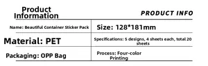 Detailed specification sheet for PET container stickers showing sizes and materials