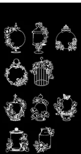 Detailed white line art PET stickers of vintage flower vases and perfume bottles