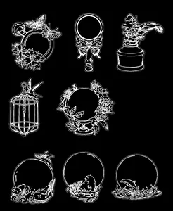 Detailed view of white linear PET stickers with butterflies, birdcages and whales motifs