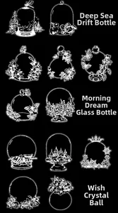 Macro view of white ink PET stickers featuring deep sea bottles and floral glass jars