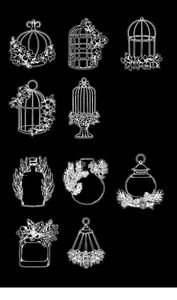 Detail of vintage birdcage and glass bottle PET stickers with white ink line drawings