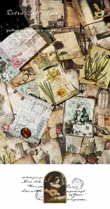Detail of vintage scrapbooking paper featuring classical botanical and castle illustrations