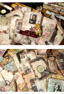 Macro shot of 30 retro scrapbooking papers with vintage floral and artistic sketches