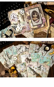 Detailed view of vintage deco paper for journaling with floral and clock motifs