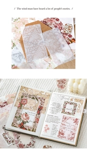 Detail of vintage floral tracing paper stickers and ephemera for journaling art