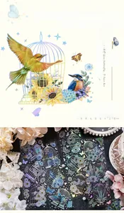 Macro detail of PET stickers with silver laser finish featuring birdcages and butterflies