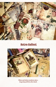 Close-up of vintage floral journal paper with medieval rose designs on dark wood