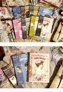 Close-up of vintage flora stickers for scrapbooking showing retro floral and figure motifs