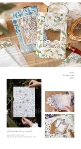 Detail of vintage botanical stationery set with lace cutout paper and floral paper inserts