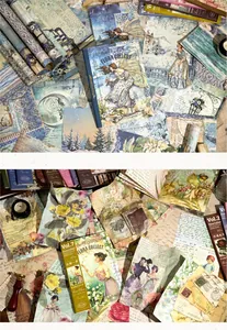 Close-up of vintage FLORA COLLECT stickers with Victorian motifs and floral paper ephemera