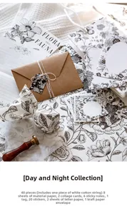 Flat lay of vintage floral scrapbook kit with 40 pieces of paper and stickers