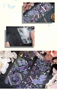 Detail of PET stickers showing purple butterfly and birdcage patterns with self-adhesive backing
