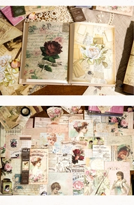 Close-up of vintage floral scrapbooking stickers with rose and portrait patterns