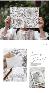 Detail of vintage floral stationery set with botanical sketches and kraft envelopes