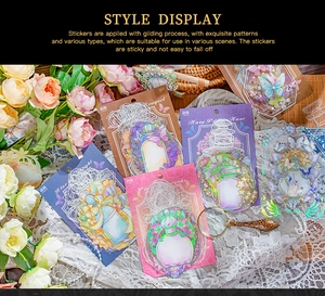 Detailed view of PET floral stickers with gold foil accents and vintage decoration