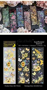 Detail of vintage PET stickers with laser silver flowers and butterflies for DIY crafts