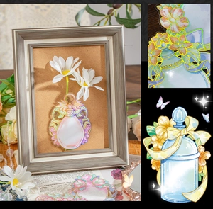 Detail of holographic flower vase stickers with laser effect and gold foil accents