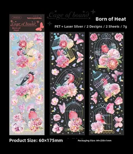 Detail of PET stickers featuring laser silver butterflies, birdcages, and peony flowers