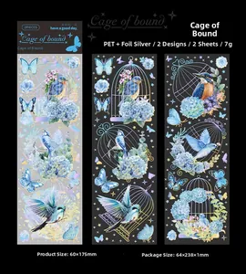Detail of PET stickers with laser silver butterflies and birdcages on black background