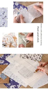 Macro view of vintage floral scrapbooking paper with self-adhesive backing and botanical patterns