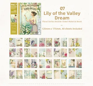 Macro view of vintage floral scrapbooking paper sheets with double-sided printing