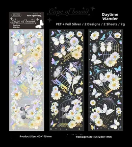 Detail of laser silver PET stickers featuring butterflies and birdcages for DIY journaling