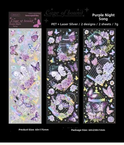 Detail of PET stickers featuring laser silver cage and butterfly designs for scrapbooking