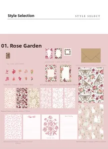 Detailed spread of vintage rose stationary kit including stickers and kraft envelopes
