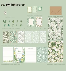 Flat lay of forest plant themed scrapbook kit with stickers, papers and envelopes