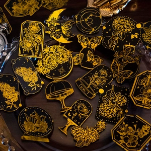 Paquete de 6 pegatinas vintage negro y oro con diseños de rosas y mariposas