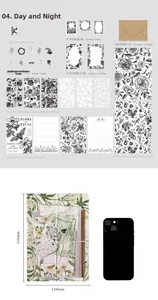 Detailed flat lay of vintage forest stationery kit with sizes and plant illustrations