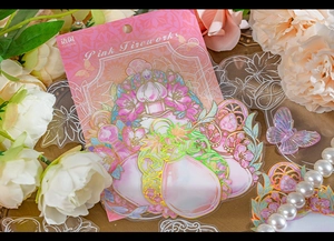 Detail of Pink Fireworks floral stickers with gold foil accents and butterfly motifs
