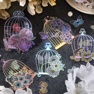 Laser PET stickers with vintage birdcages and butterflies for scrapbooking DIY