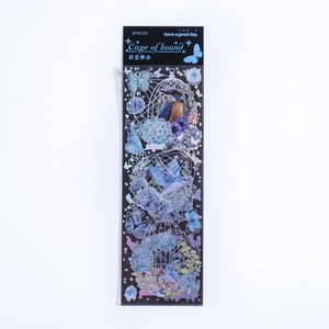 Blue PET stickers featuring vintage birdcages, kingfishers and floral butterfly motifs